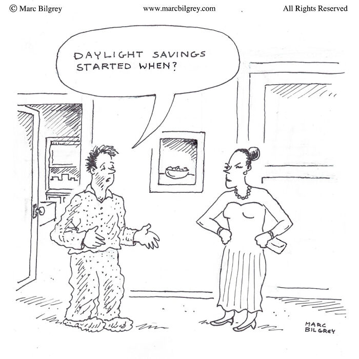 Hand-drawn comic by Marc Bilgrey showing everyday irony of daylight savings confusion in a single-panel cartoon frame.