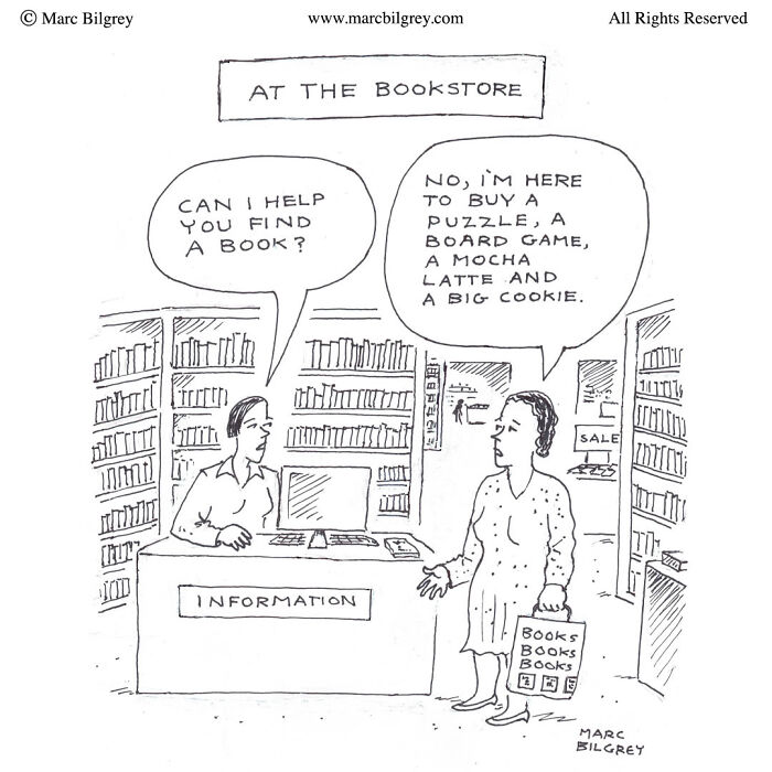 A bookstore scene cartoon by Marc Bilgrey showing everyday irony with a customer asking for non-book items at the information desk.