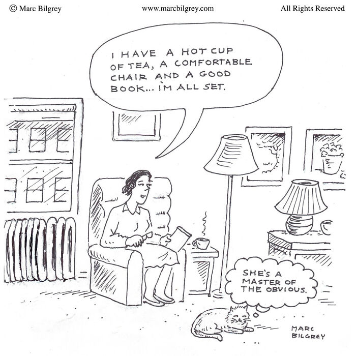 A one-panel cartoon by Marc Bilgrey showing everyday irony with a woman enjoying tea and a cat thinking ironically nearby.