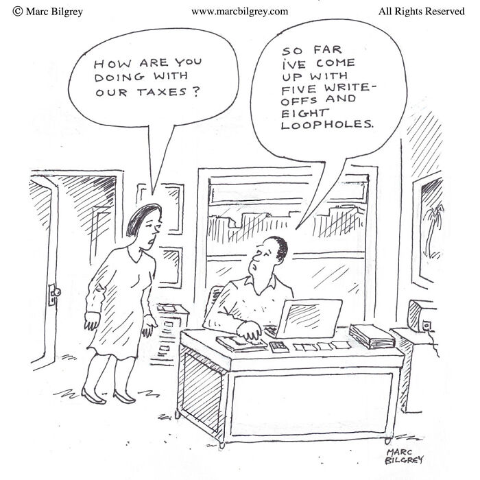 Man at desk using laptop discusses tax write-offs and loopholes with standing woman in Marc Bilgrey’s one-panel cartoon.