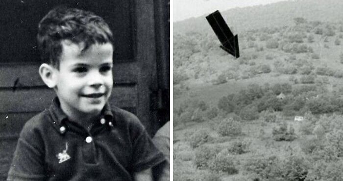 Black and white split image showing a young boy smiling on left and a forest with a large arrow pointing on right, terrifying photos.