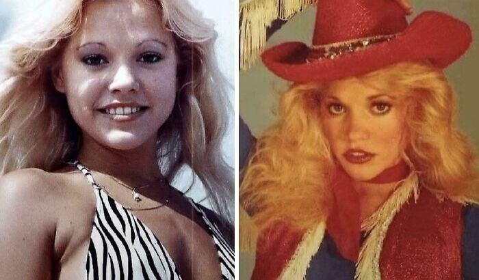 Side-by-side portraits of a blonde woman, one casual and the other in a red cowboy hat, capturing terrifying photos and stories.