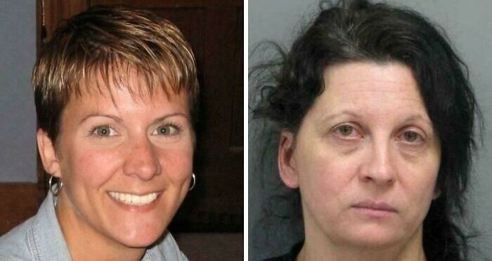 Side-by-side portraits of a woman showing terrifying changes, illustrating stories as fascinating as they are scary.