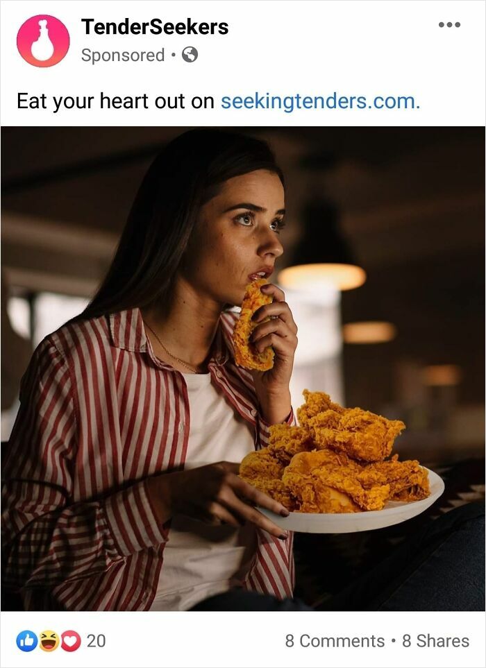 Woman holding and eating fried chicken with a serious expression, showcasing one of the worst Photoshop fails.