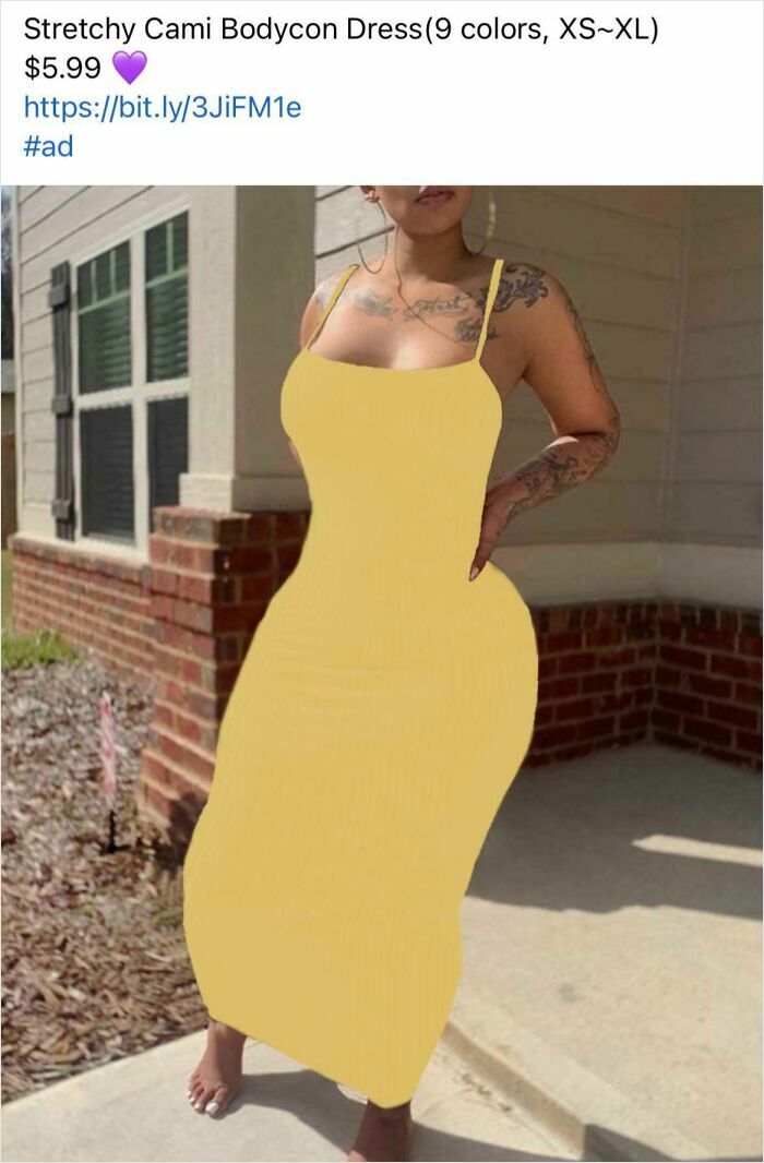 Woman wearing a poorly edited yellow bodycon dress showing a clear Photoshop fail with distorted body proportions.