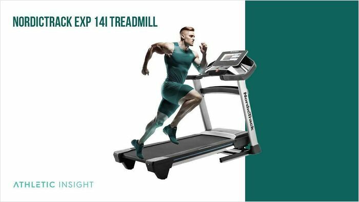 Athletic man running on a NordicTrack EXP 14i treadmill with exaggerated muscular legs, showcasing Photoshop fails.