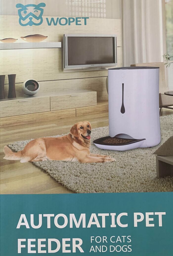 Dog and automatic pet feeder with Photoshop fail showing unusual food dispensing with main Photoshop fails keywords