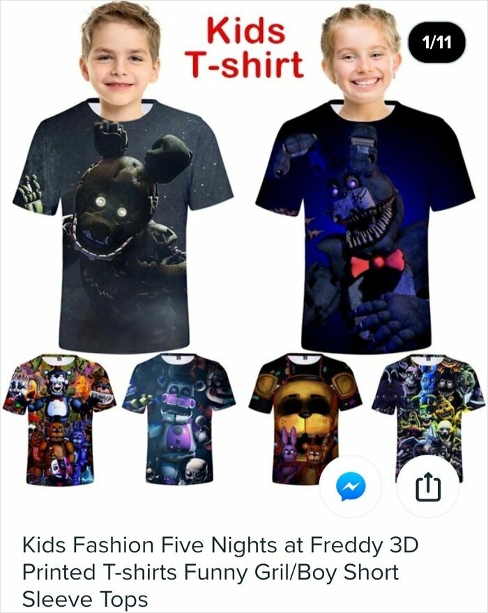 Kids wearing Five Nights at Freddy 3D printed T-shirts with notable Photoshop fails in design and print quality.
