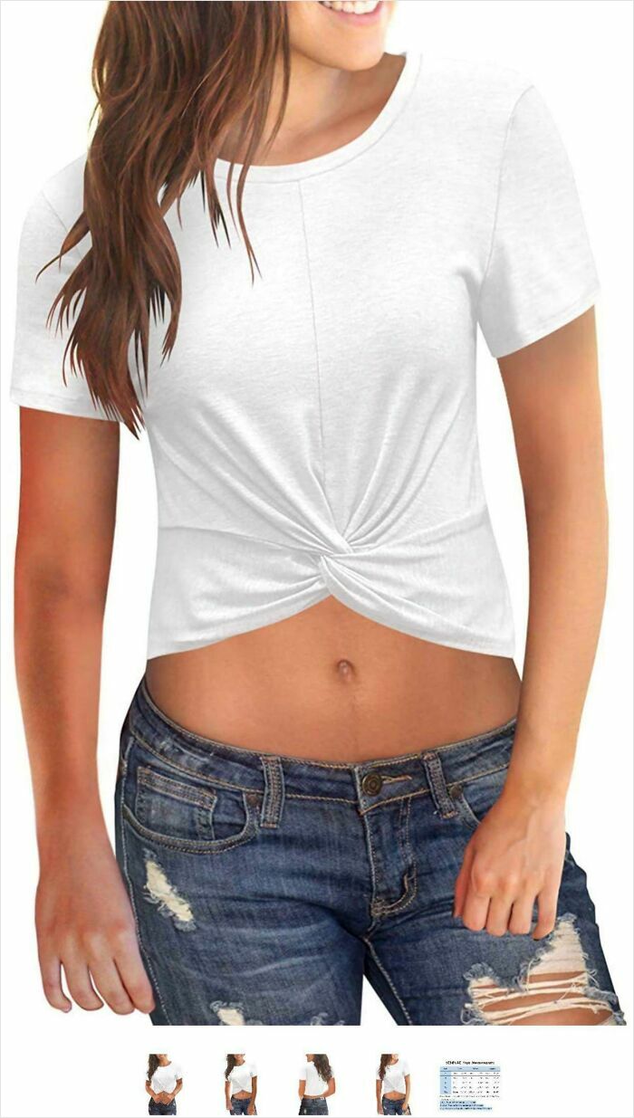 Woman wearing a white twisted crop top and ripped jeans with visible Photoshop fails on the arm and waist area.