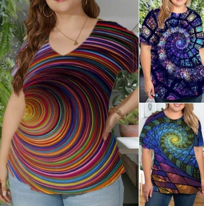 Woman wearing a distorted spiral shirt design showcasing one of the worst Photoshop fails with warped and unnatural effects.