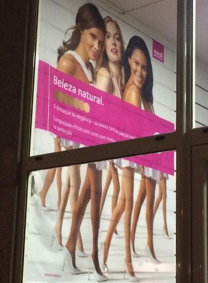 Advertisement with multiple women showing mismatched and oddly edited legs, a clear Photoshop fail example.