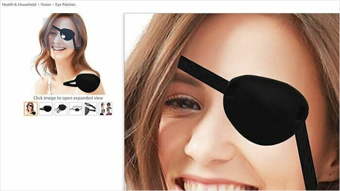 Close-up of a woman wearing a poorly edited black eye patch with visible Photoshop fails on her face.