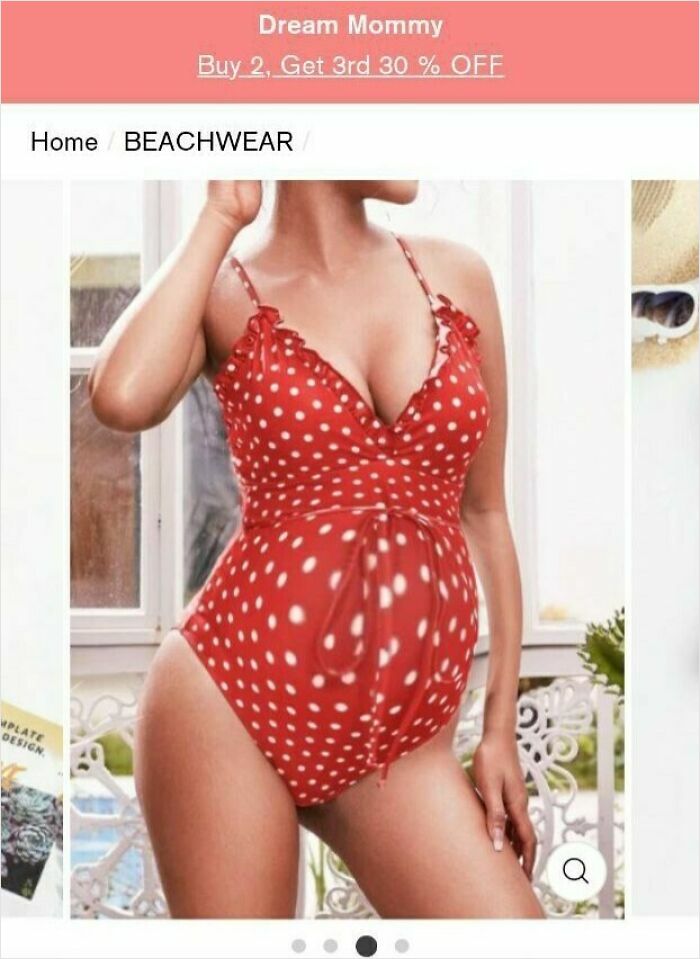 Woman wearing a red polka dot swimsuit with an exaggeratedly distorted waist in a Photoshop fail example.