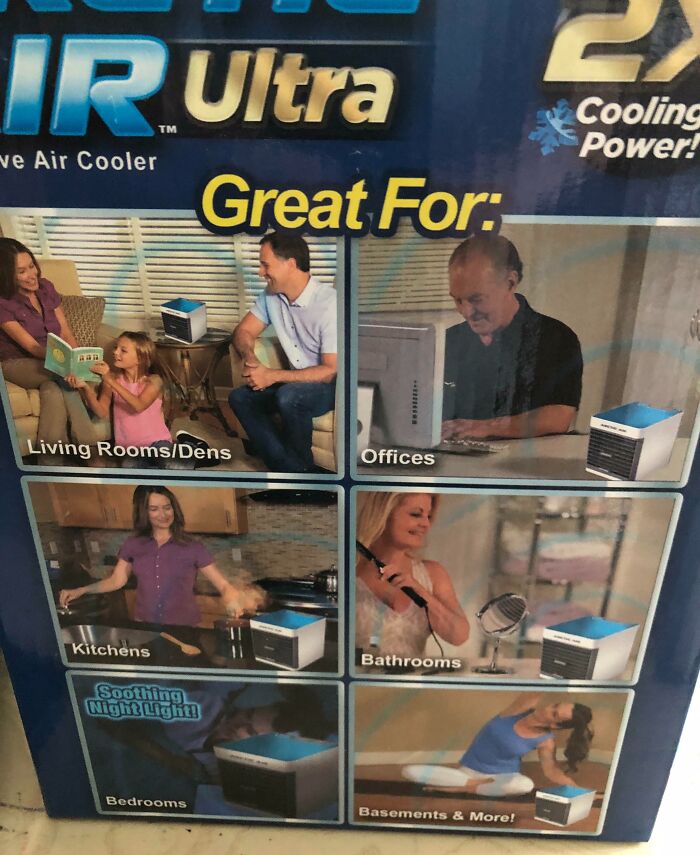 Photoshop fail showing a man with two heads using a computer in an office setting with an air cooler product.