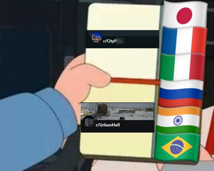 Hand holding a phone showing Reddit groups including Urban Hell, with country flags aligned vertically.