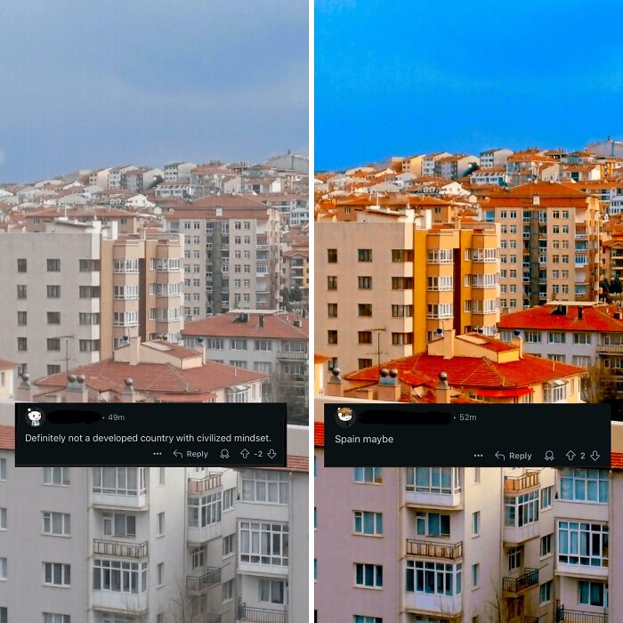 Side-by-side urban building photos with social media comments mocking the urban hell echo chamber perspective.