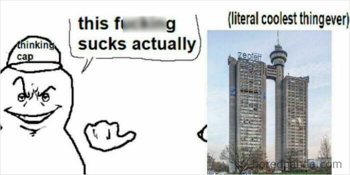 Cartoon character wearing thinking cap criticizing urban building, mocking the urban hell echo chamber concept.