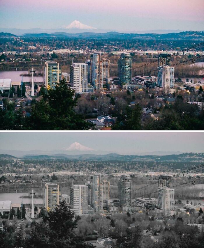 City skyline with mountains in the background, illustrating an urban hell echo chamber with two contrasting color filters.