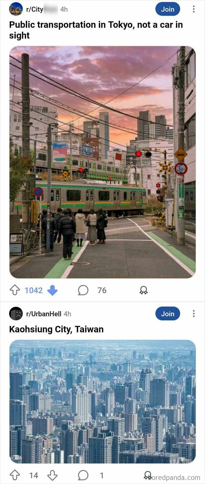 Urban hell echo chamber posts showing crowded cityscape of Kaohsiung Taiwan and Tokyo public transportation scene.