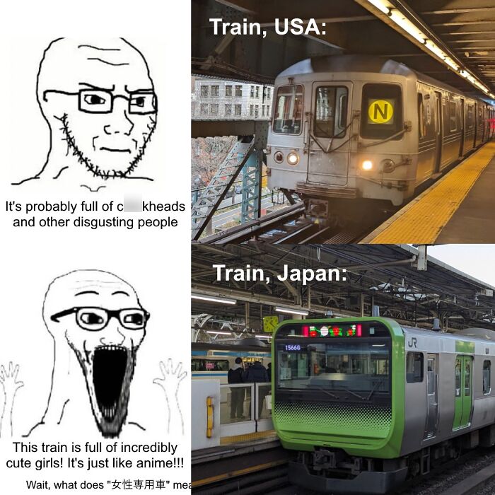 Comparison meme of USA and Japan trains with caricatures mocking urban hell echo chamber stereotypes.