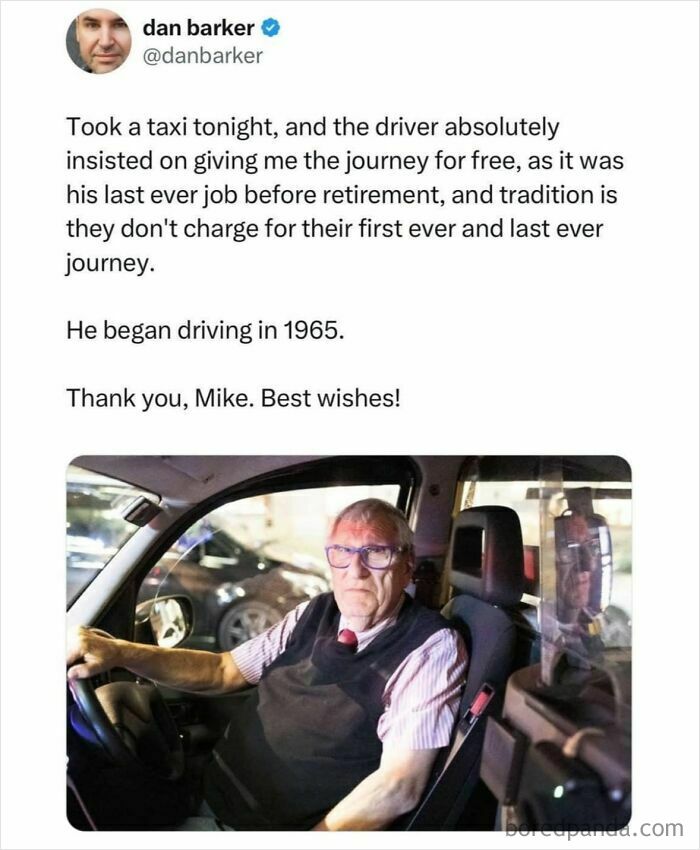 Elderly taxi driver giving a free last ride as part of tradition, featured in viral memes from chaotic meme page.