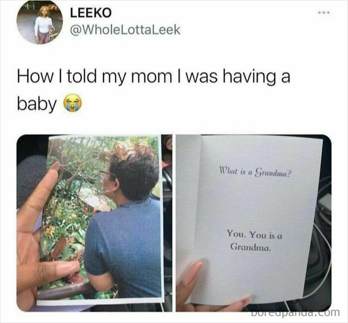 Humorous viral meme showing a creative way to tell a mom about having a baby, highlighting random meme chaos.