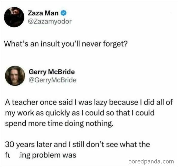 Screenshot of a viral meme about a teacher calling a student lazy for finishing work quickly, from a page of random memes.
