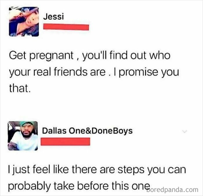 Chat meme discussing friendship and pregnancy, part of random and viral meme collection from a goldmine of chaos page.