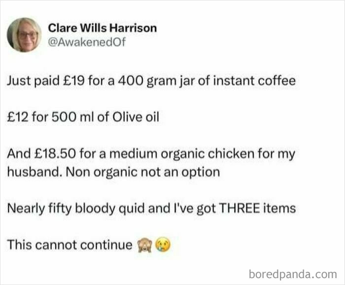 Tweet about high food prices and buying only three items, featured in viral memes from a chaos meme page.