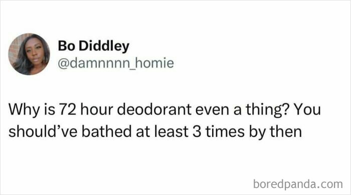 Screenshot of a viral meme questioning the use of 72 hour deodorant, part of random and viral memes collection.