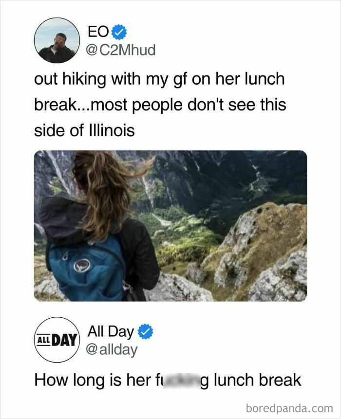Tweet about hiking during a lunch break with a scenic view, featured in random and viral memes collection.