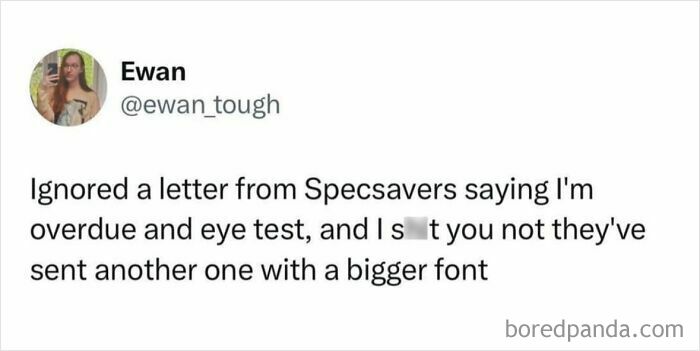 Screenshot of a viral meme tweet about ignoring an eye test letter, highlighting random and viral meme humor.