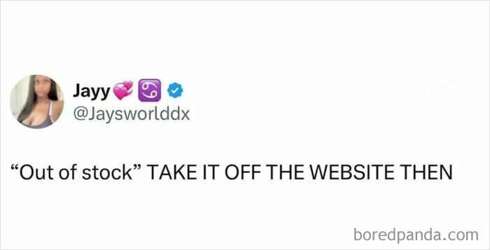 Screenshot of a viral meme from a chaotic page featuring a humorous take on "out of stock" website messages.