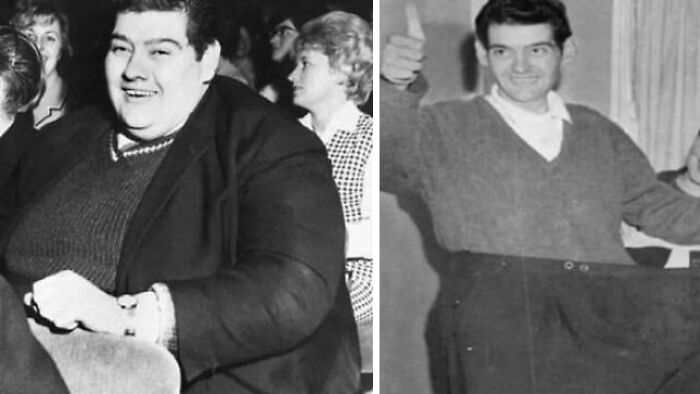 Black and white photos showing a man before and after weight loss, illustrating a history anecdote about personal transformation.