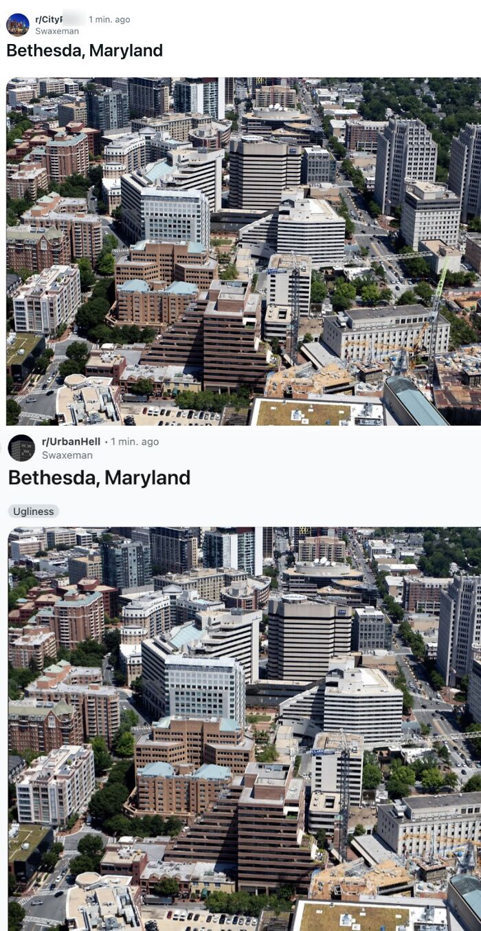 Aerial view of Bethesda, Maryland cityscape with urban buildings featured in urban hell echo chamber posts.