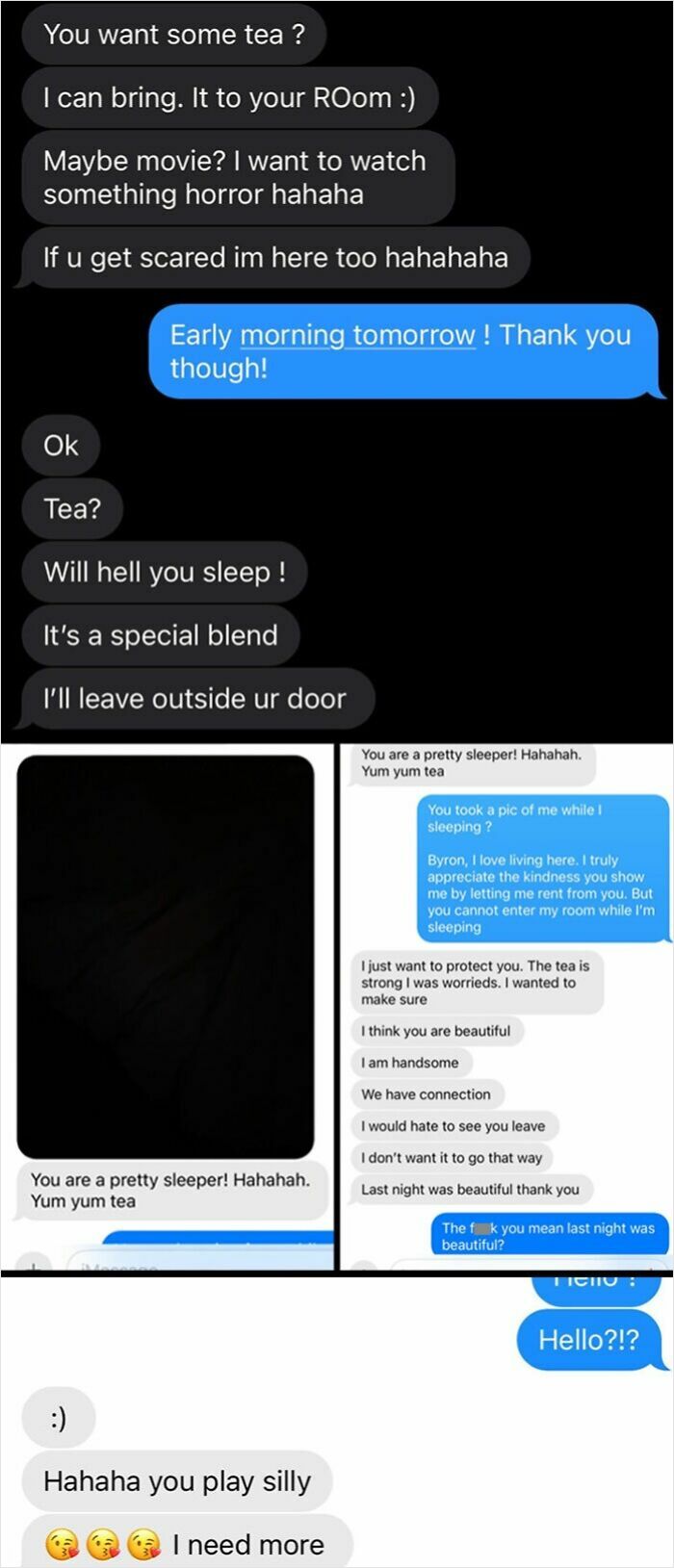 Text messages showing a landlord invading privacy and making renters uncomfortable, highlighting horrible landlord behavior.