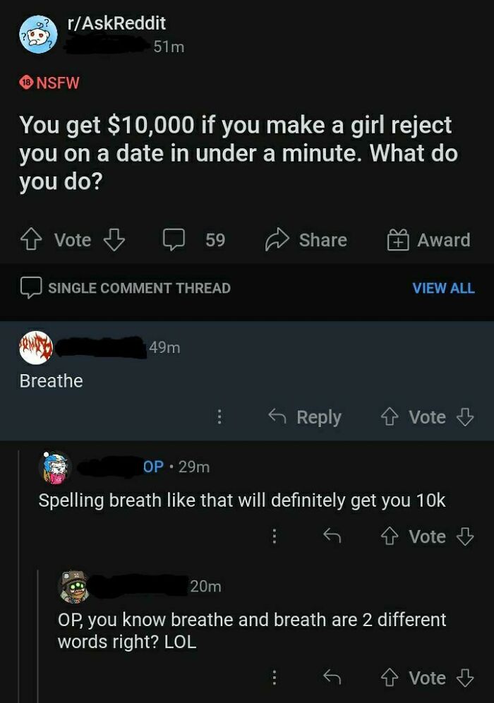 Reddit thread showing users confidently debating the difference between breathe and breath, highlighting embarrassing wrong confidence.