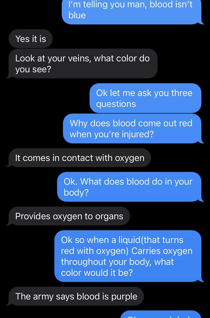Text conversation showing someone confidently wrong about blood color, illustrating embarrassing confidence mistakes.