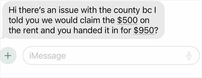 Text message showing a renter confronting a landlord over a $500 rent claim discrepancy with the county.