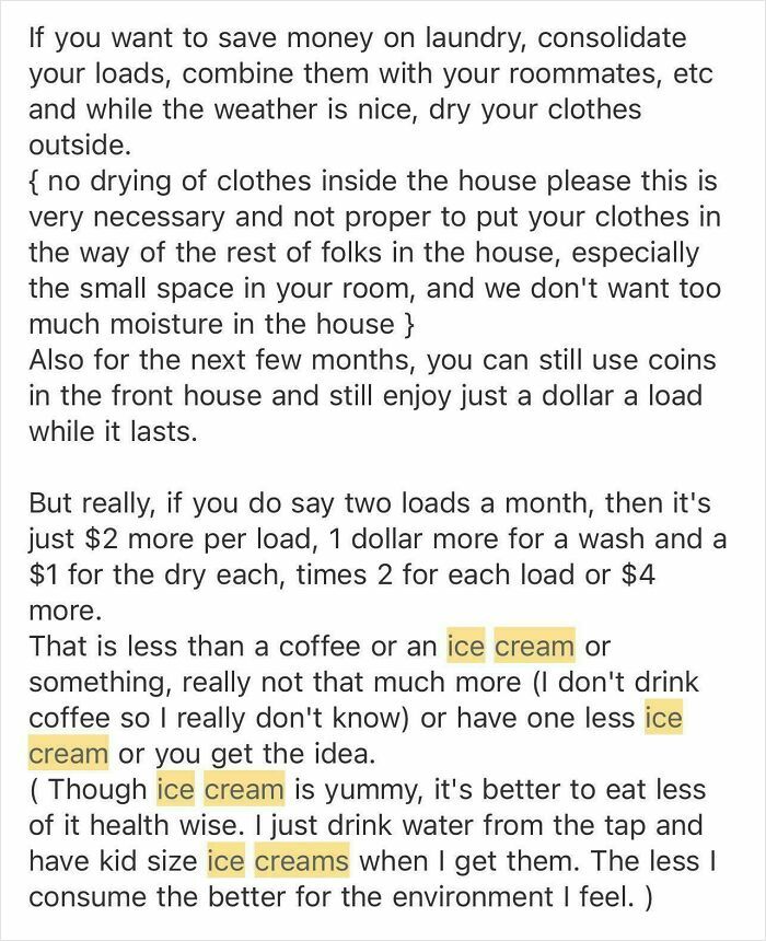 Text from landlord about laundry rules and costs, highlighting how renters want to avoid unfair landlord policies.