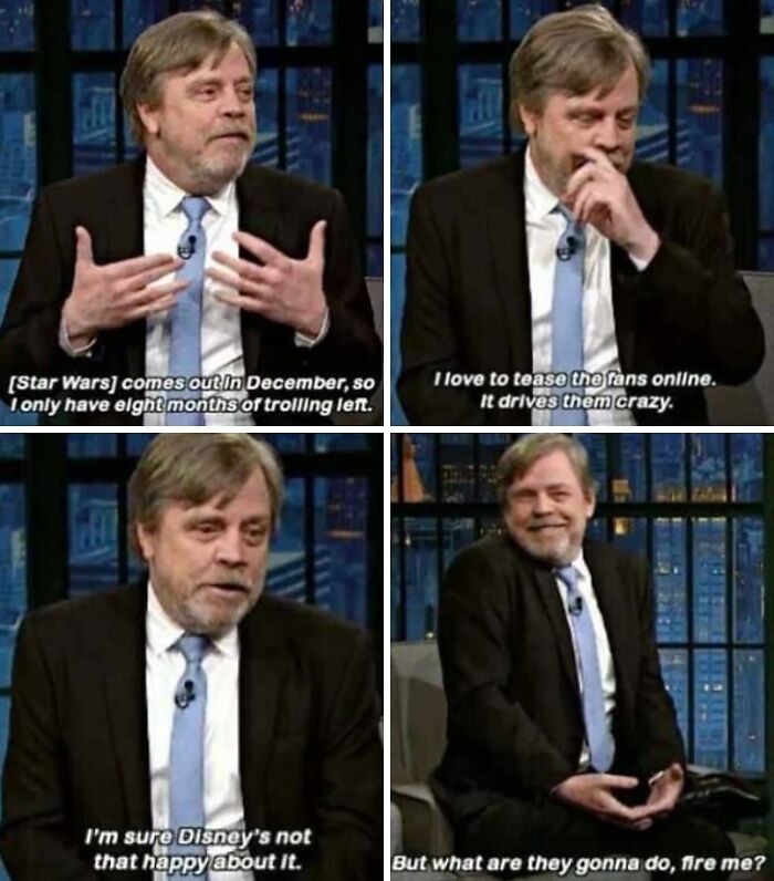 Actor Mark Hamill in a talk show discussing Star Wars trolling, featured in super culture entertaining posts and memes.
