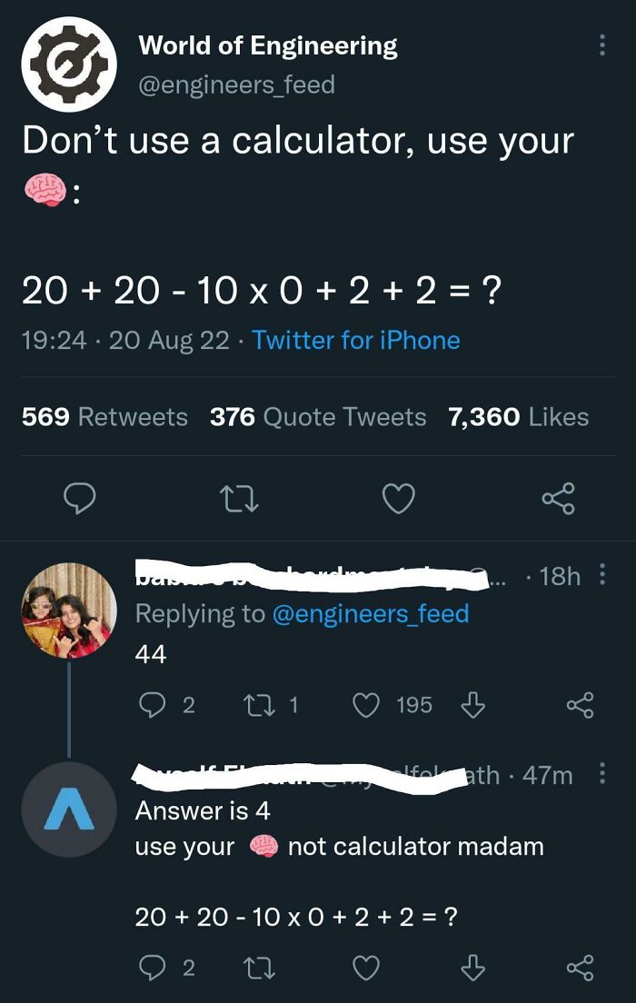 Twitter post showing people confidently but embarrassingly wrong about a math problem, highlighting confidence fails.