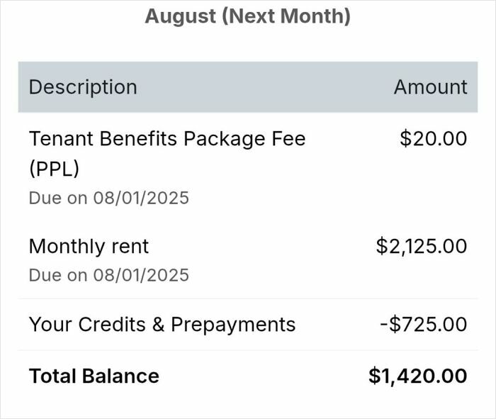 Rental invoice showing high landlord fees and monthly rent balance, highlighting landlord and renter payment issues.