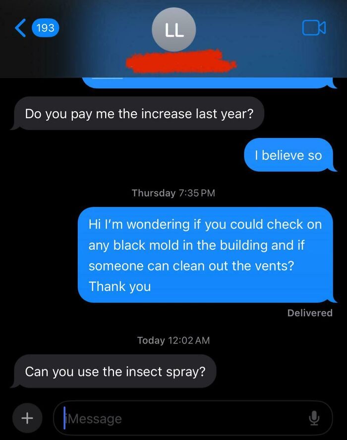 Text message exchange showing a landlord refusing to address black mold issues, reflecting horrible landlord behavior.