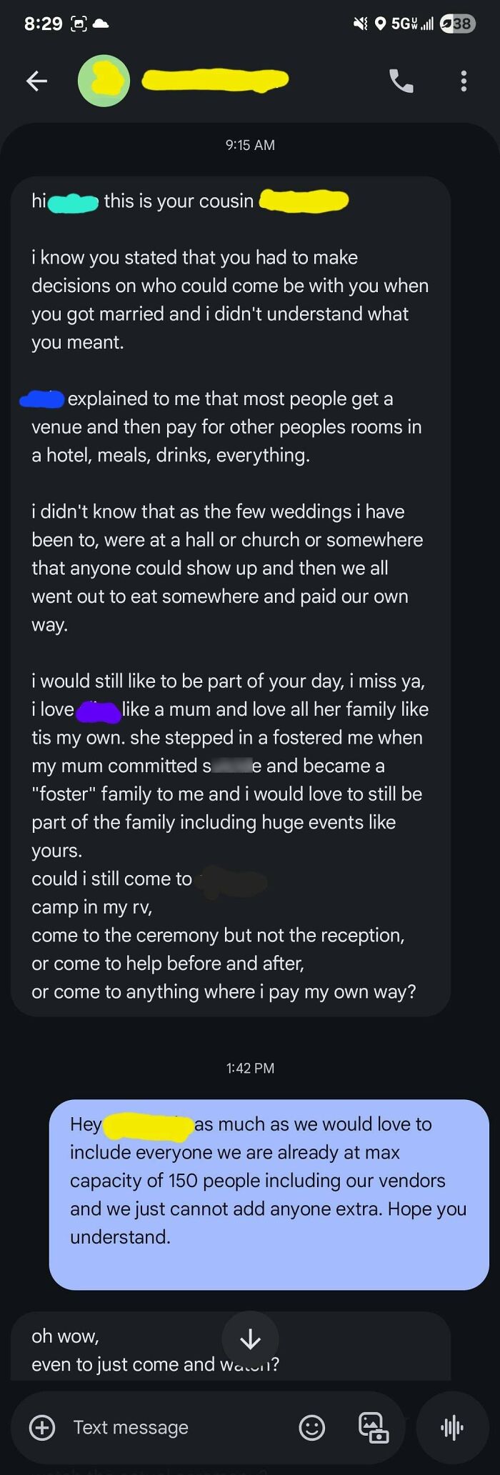 Text conversation about wedding guest list and venue capacity challenges shared in a wedding moments post shamed online.
