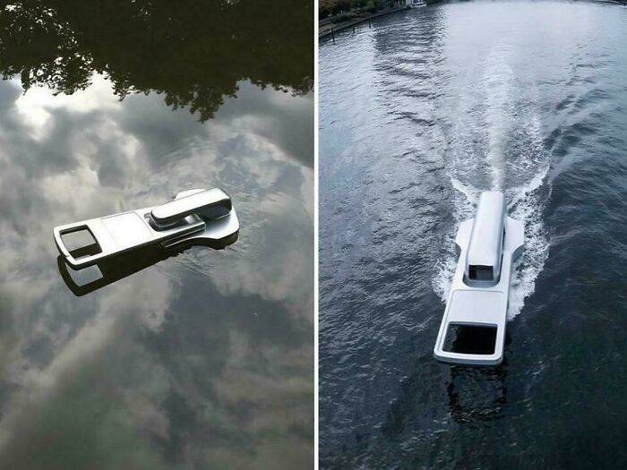 Floating boat designed to look like a modern car driving on water, showcasing brilliant design ideas and innovation.