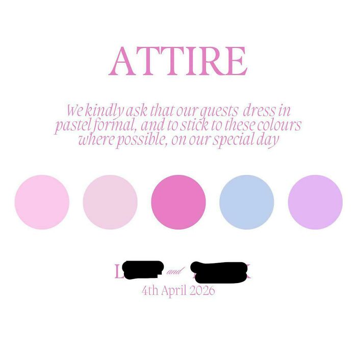Pastel formal wedding attire color palette with pink, lavender, and blue circles displayed for guests.