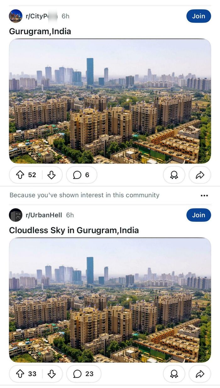 Urban Hell echo chamber posts showing contrasting views of Gurugram cityscape with high-rise buildings and clear sky.