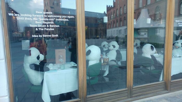 Pandas seated at a table inside a Danish establishment, viewed through a large glass window reflecting surrounding buildings.