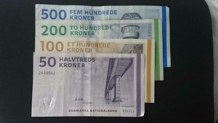 Stack of Danish kroner banknotes in 50, 100, 200, and 500 denominations showcasing Denmark currency design.